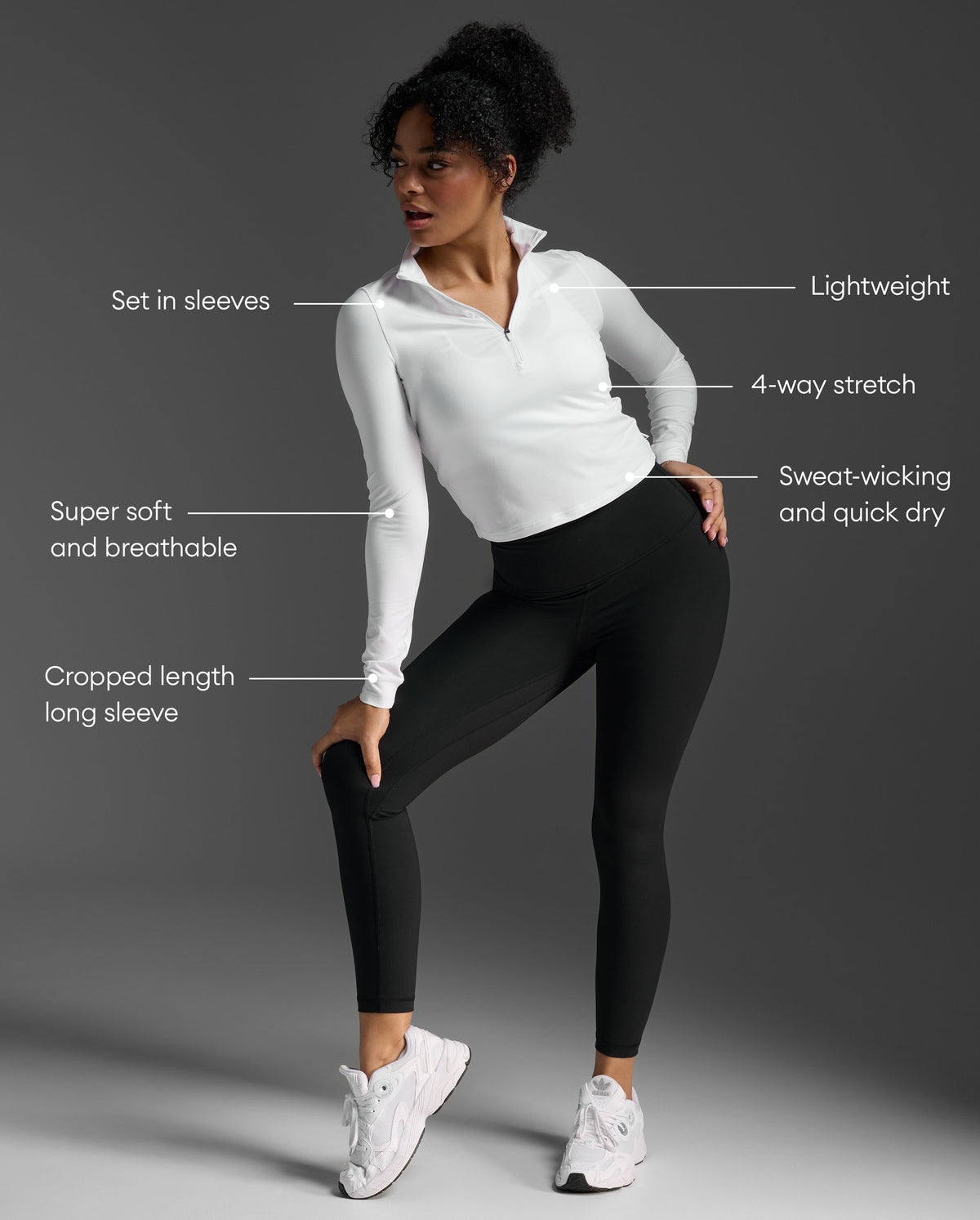 Flex Crop 1/2 Zip Long Sleeve, White/White