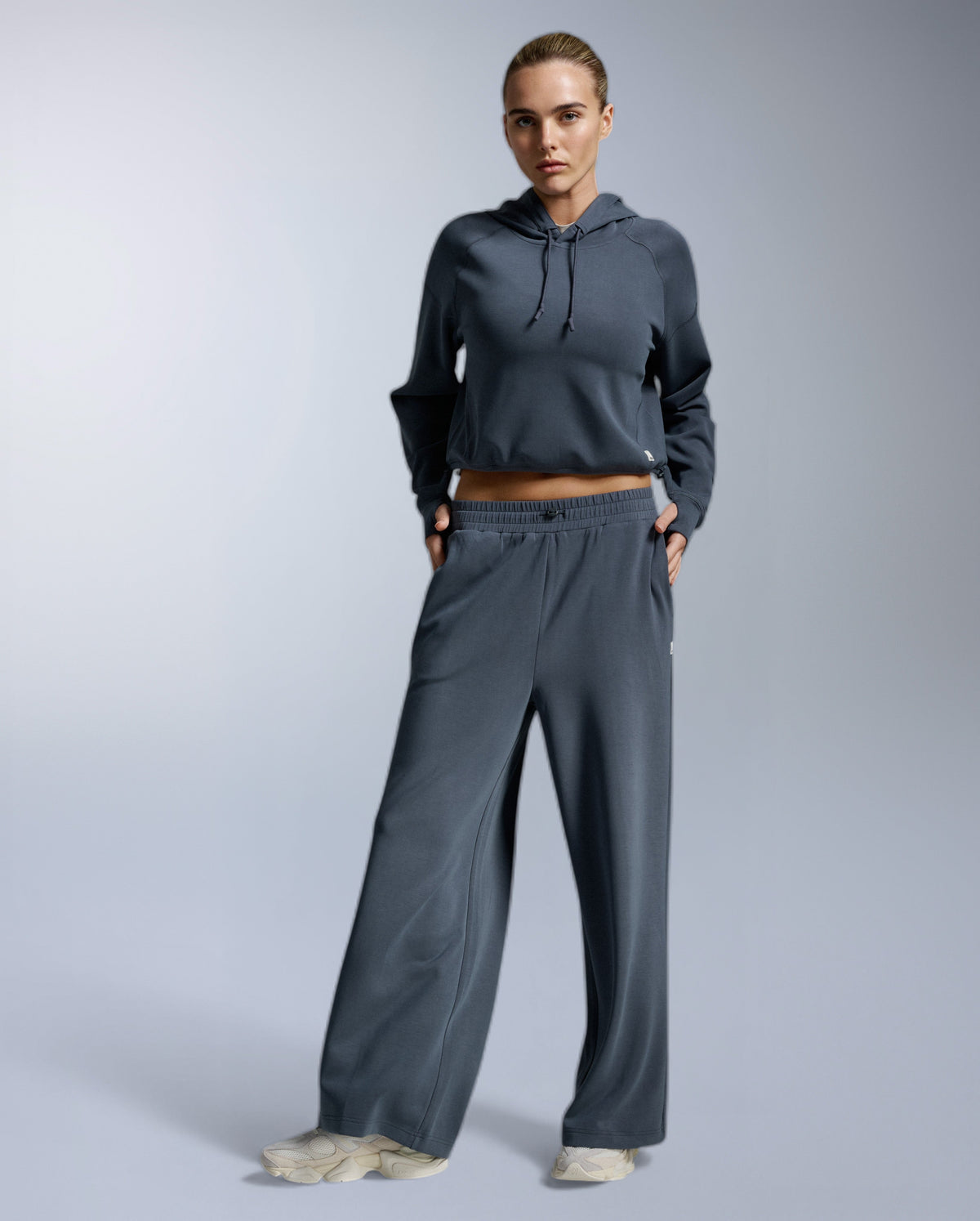Wonderluxe Sand Washed Cropped Hoodie, India Ink/White